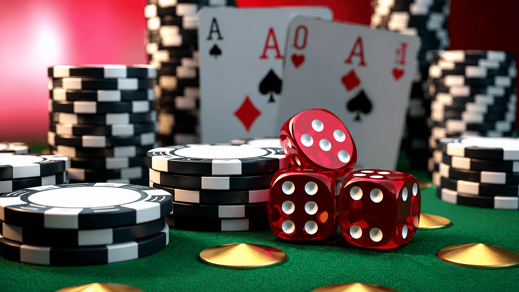 Casino table with dice, poker chips, and playing cards